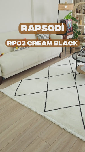 Rapsodi RP 03 Cream-Black İskandinav Desenli Salon Halısı Mutfak Halısı Makine Halısı