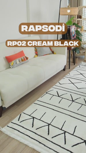 Rapsodi RP 02 Cream-Black İskandinav Desenli Salon Halısı Mutfak Halısı Makine Halısı